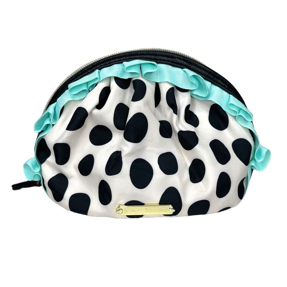 Betsey Johnson Polka Dot Cosmetic Makeup Bag Aqua Ruffle Floral Lining